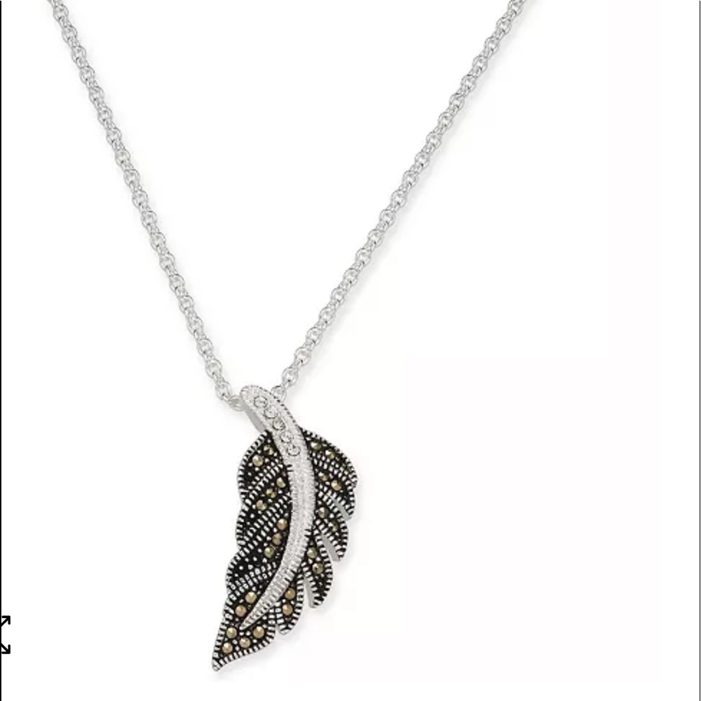 Marcasite & Crystal Feather 18" Pendant Necklace in Silver-Plate